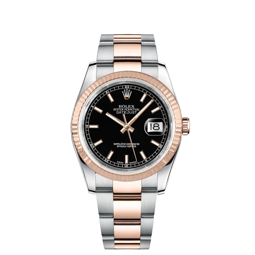 Rolex Datejust 36mm 2 Tone 18k Rose Gold Black Dial Fluted Bezel Oyster Stainless Steel Watch 116231