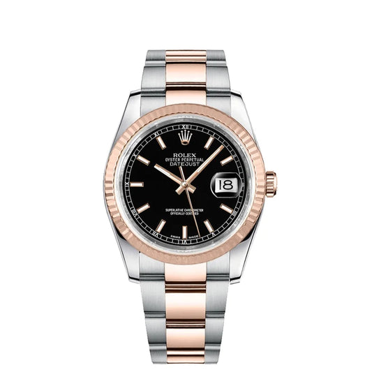 Rolex Datejust 36mm 2 Tone 18k Rose Gold Black Dial Fluted Bezel Oyster Stainless Steel Watch 116231