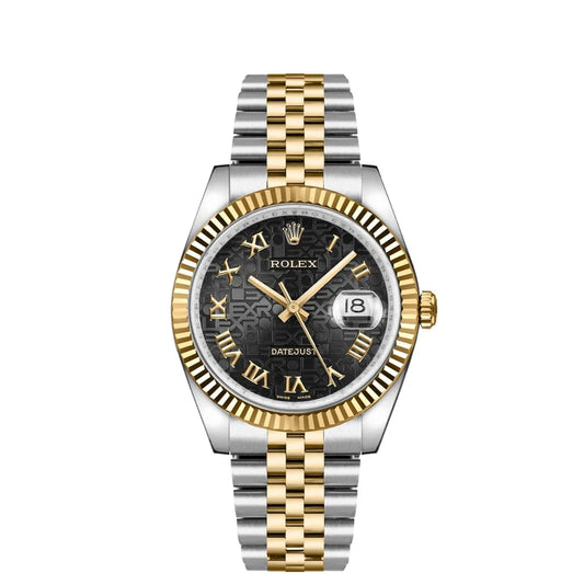 Rolex Datejust 36mm 2 Tone 18k Yellow Gold Black Dial Fluted Bezel Jubilee Stainless Steel Watch 116223