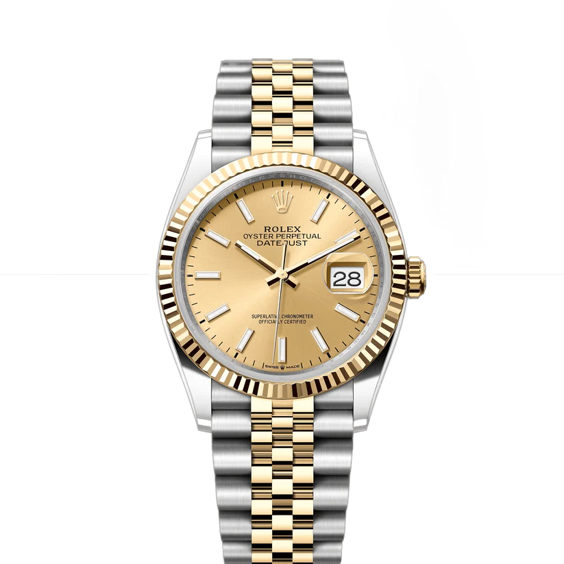 Rolex Datejust 36mm 2 Tone 18k Yellow Gold Champagne Dial Fluted Bezel Jubilee Stainless Steel Watch 126233