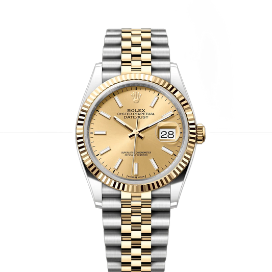 Rolex Datejust 36mm 2 Tone 18k Yellow Gold Champagne Dial Fluted Bezel Jubilee Stainless Steel Watch 126233