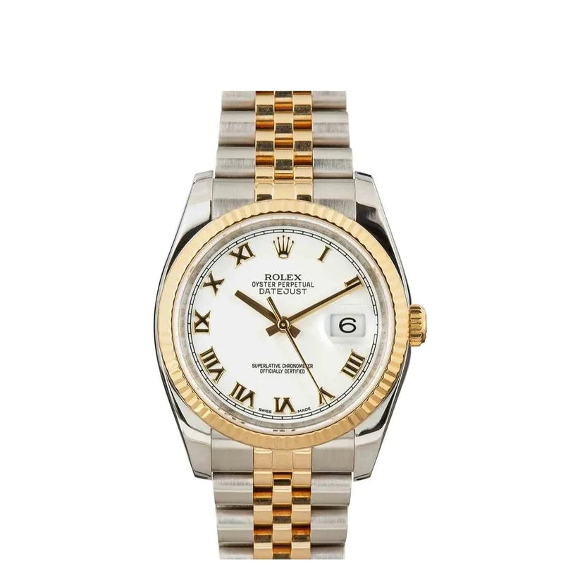 Rolex Datejust 36mm 2 Tone 18k Yellow Gold White Dial Fluted Bezel Roman Jubilee Stainless Steel Watch 116233