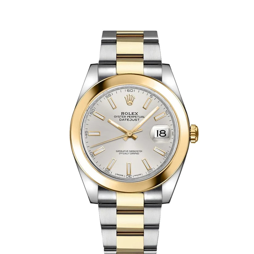 Rolex Datejust 41mm 18k Yellow Gold Smooth Bezel Silver Dial Oyster Stainless Steel Watch 126303