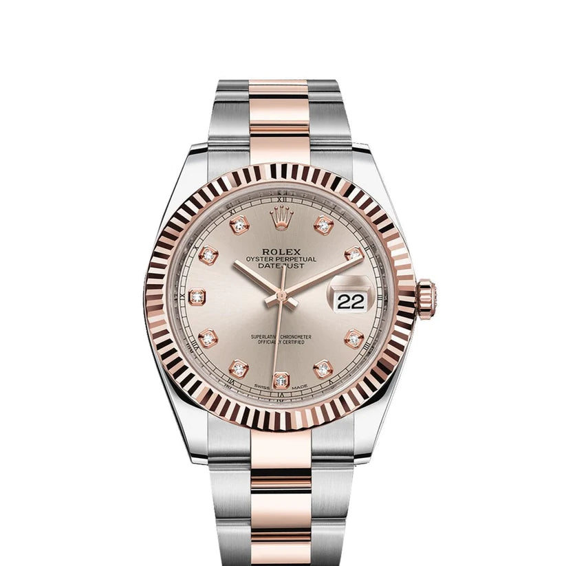 Rolex Datejust 41mm 18k Rose Gold Fluted Bezel Sundust Diamond Dial Oyster Steel Watch 126331