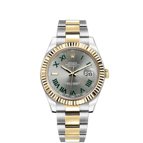 Rolex Datejust II 41mm 2 Tone Stainless Steel & 18k Yellow Gold Fluted Bezel Slate Gray Wimbledon Roman Dial Oyster Steel Watch 116333