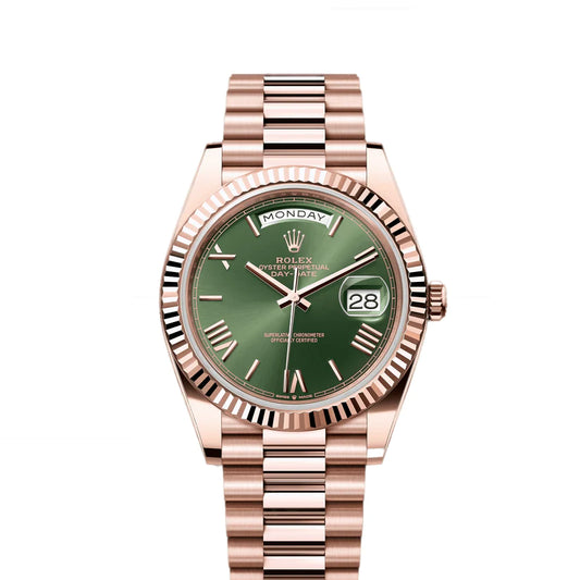 Rolex Day-Date 40 18k Rose Gold 40mm Green Roman Dial Fluted Bezel Watch 228235