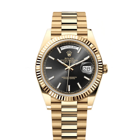 Rolex Day-Date 40 Black dial, Fluted Bezel, President bracelet, Yellow gold Watch 228238