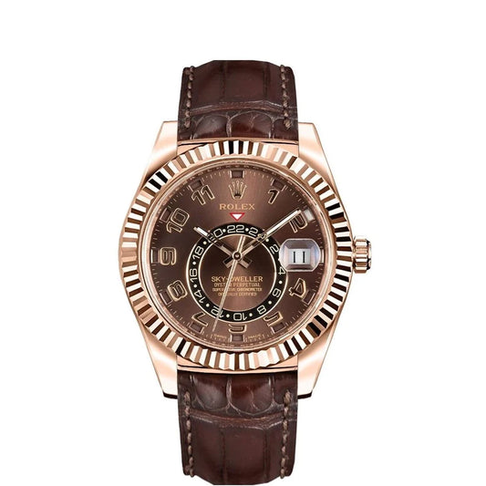 Rolex Sky-Dweller 42mm Rose Gold Chocolate Dial Leather Watch 326135