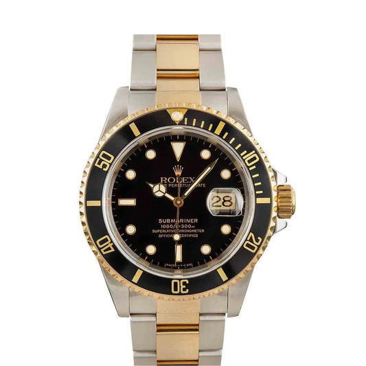 Rolex Submariner 40mm 18k Yellow Gold Stainless Steel Black Dial Watch 16613