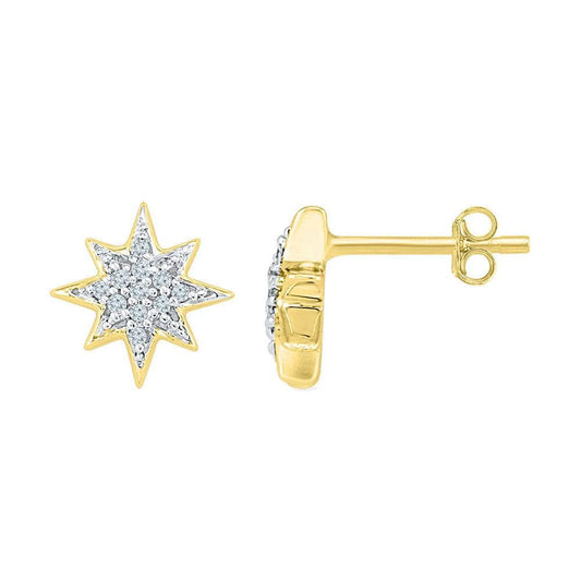 10kt Yellow Gold Womens Round Diamond Starburst Screwback Earrings 1/10 Cttw