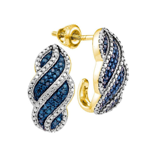 10kt Yellow Gold Womens Round Blue Color Enhanced Diamond J Half Hoop Earrings 1/10 Cttw