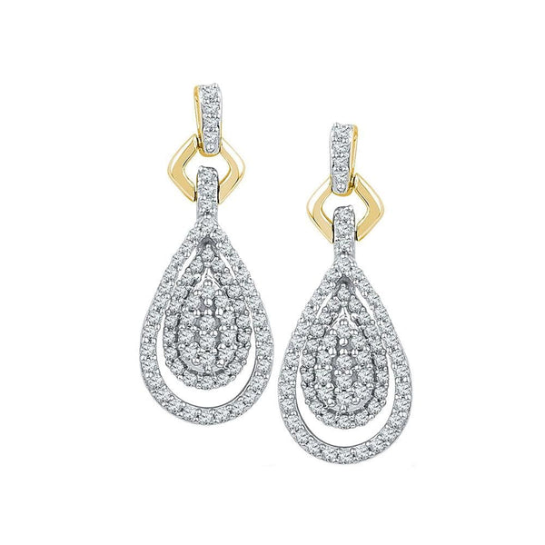 10kt Yellow Gold Womens Round Diamond Teardrop Cluster Dangle Earrings 1/2 Cttw