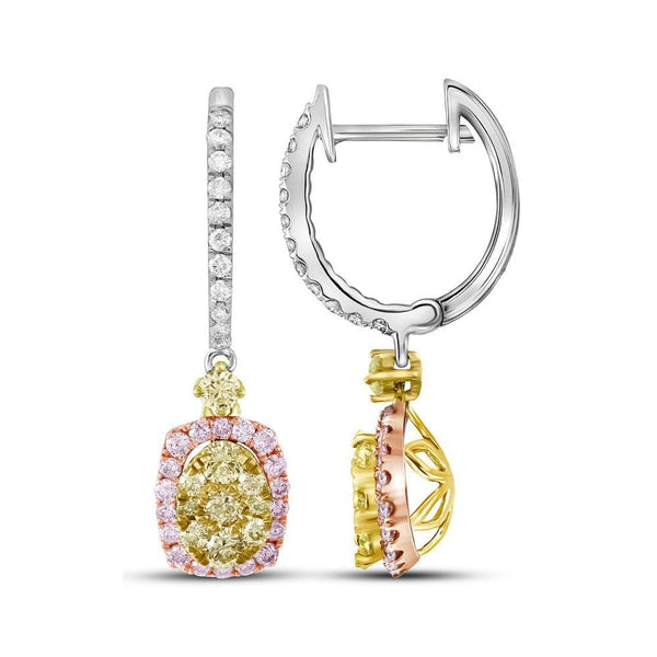 14kt White Gold Womens Round Canary Yellow Pink Diamond Dangle Earrings 7/8 Cttw