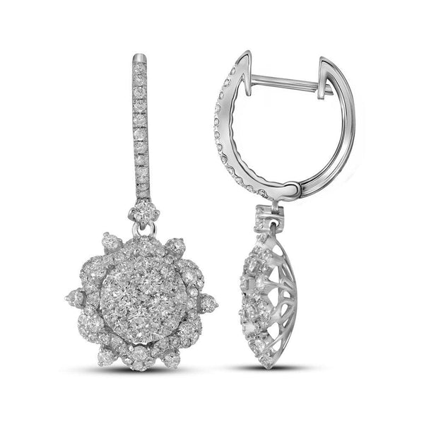 14kt White Gold Womens Round Diamond Starburst Cluster Dangle Hoop Earrings 2-1/4 Cttw