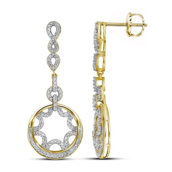 10kt Yellow Gold Womens Round Diamond Starburst Circle Dangle Screwback Earrings 1/2 Cttw