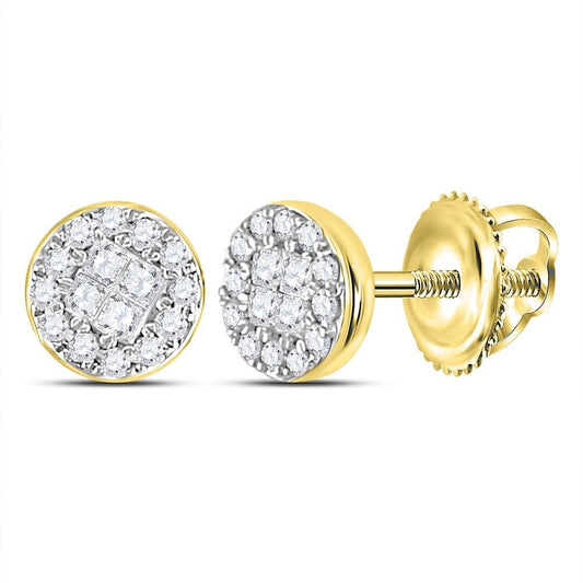 14kt Yellow Gold Womens Princess Round Diamond Soleil Cluster Earrings 1/6 Cttw