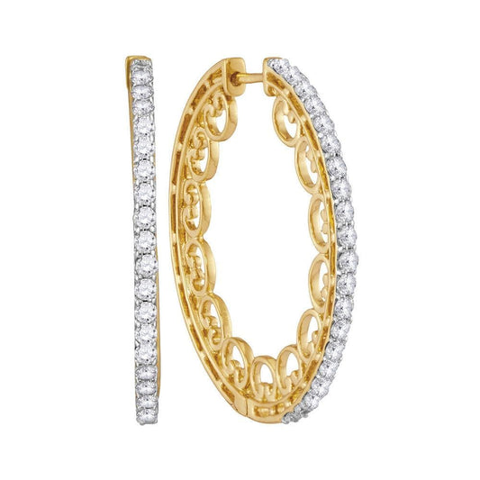 10kt Yellow Gold Womens Round Diamond Single Row Luxury Hoop Earrings 1.00 Cttw