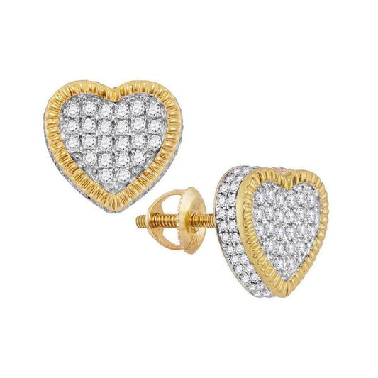 10kt Yellow Gold Womens Round Diamond Heart Fluted Cluster Stud Earrings 7/8 Cttw