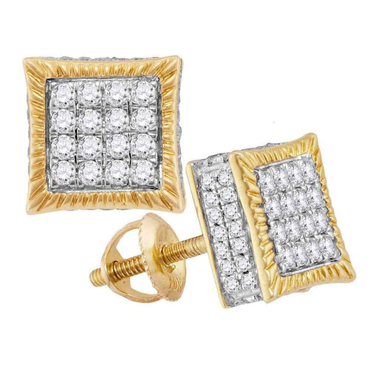 10kt Yellow Gold Mens Round Diamond Square Fluted Cluster Stud Earrings 3/4 Cttw