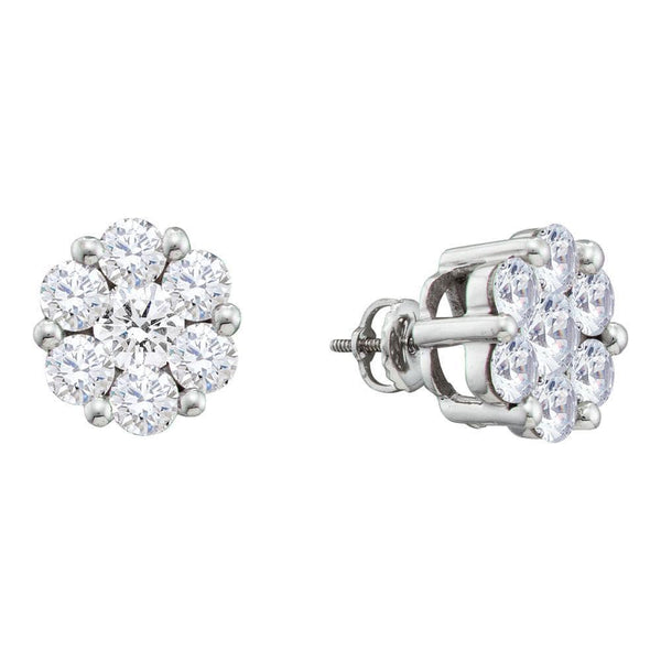 14kt White Gold Womens Round Diamond Flower Cluster Screwback Stud Earrings 2.00 Cttw