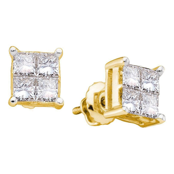 14kt Yellow Gold Womens Princess Diamond Square Cluster Stud Earrings 1.00 Cttw