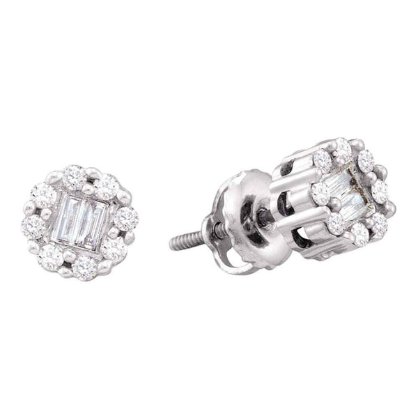 14kt White Gold Womens Round Baguette Diamond Cluster Screwback Stud Earrings 1/4 Cttw