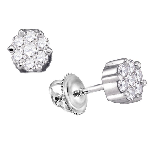 10k White Gold Round Diamond Flower Cluster Womens Screwback Stud Earrings 1/6 Cttw