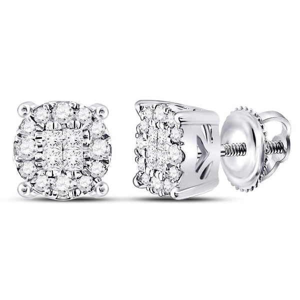 14kt White Gold Womens Princess Round Diamond Soleil Cluster Earrings 1/4 Cttw