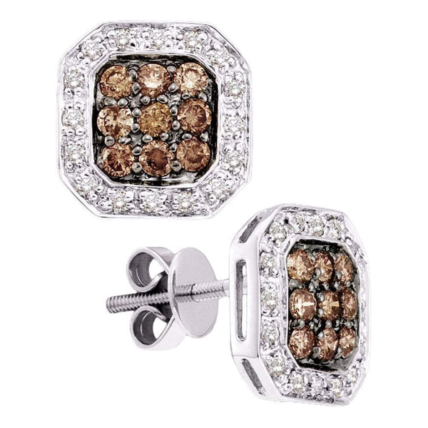 14kt White Gold Womens Round Cognac-brown Color Enhanced Diamond Square Cluster Stud Earrings 3/4 Cttw