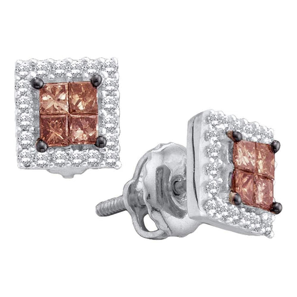 14kt White Gold Womens Princess Brown Color Enhanced Diamond Stud Earrings 1/3 Cttw