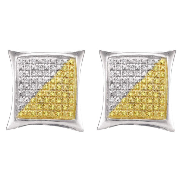 Sterling Silver Mens Round Yellow Color Enhanced Diamond Square Kite Earrings 1/4 Cttw