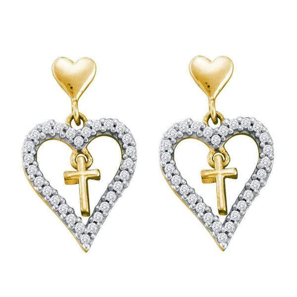 14kt Yellow Gold Womens Round Diamond Heart Cross Dangle Earrings 1/3 Cttw