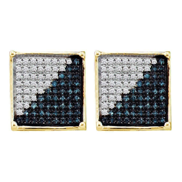 10kt Yellow Gold Mens Round Blue Color Enhanced Diamond Square Cluster Earrings 1/2 Cttw