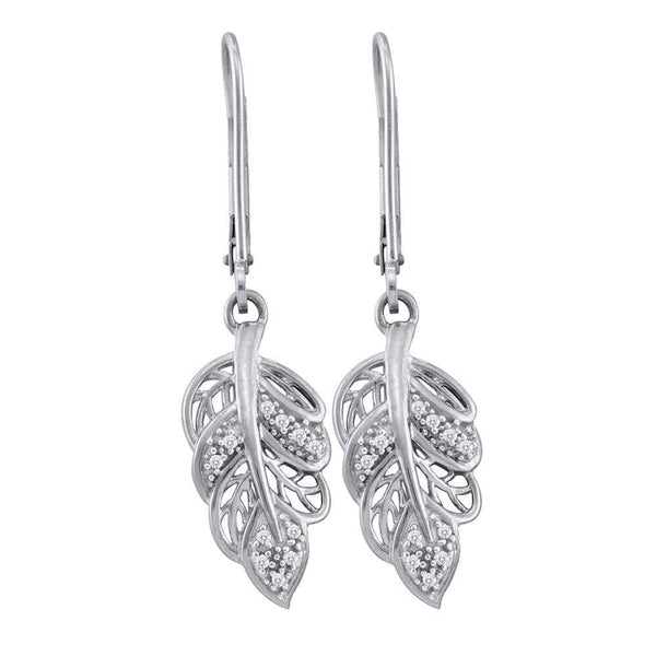 10kt White Gold Womens Round Diamond Dangle Leaf Leaves Wire Earrings 1/20 Cttw