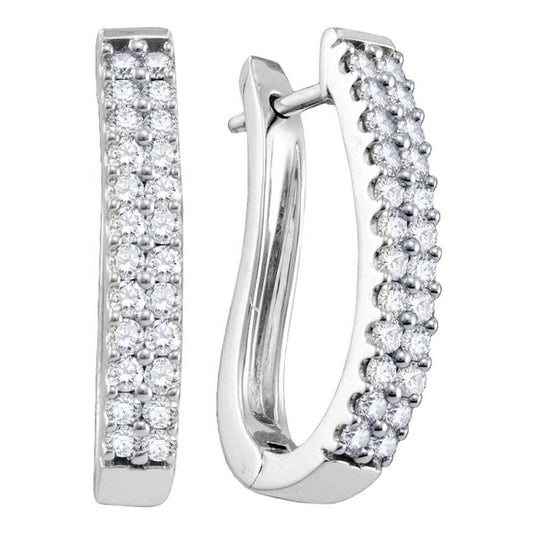 14k White Gold Round Pave-set Diamond 2-row Womens Oblong Hoop Earrings 1.00 Cttw