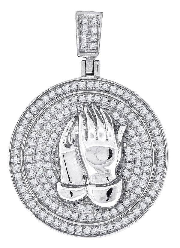 925 Sterling Silver Cubic Zirconia CZ Praying Hands Religious Pendant Charm, Pendants, JJ-SLV, Jawa Jewelers