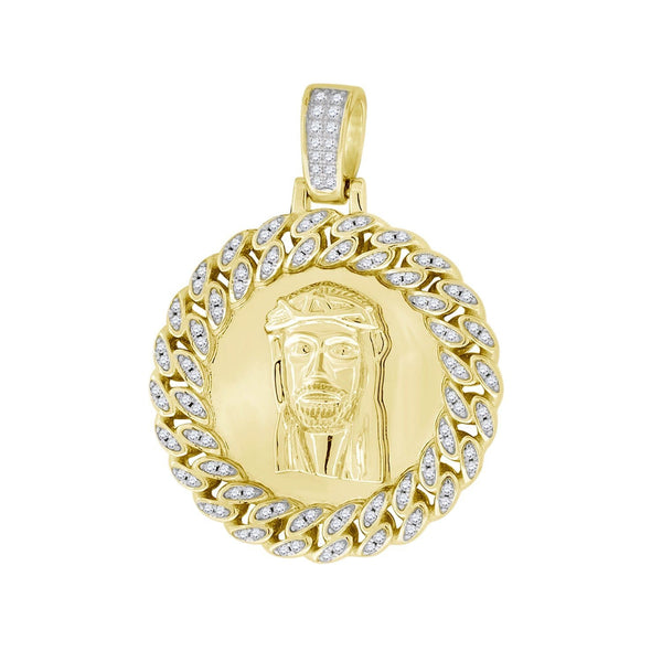 Yellow-tone Sterling Silver Womens Round Cubic Zirconia CZ Jesus Face Cub link Circle Shape Fashion Pendant, Pendants, Silverine, Jawa Jewelers