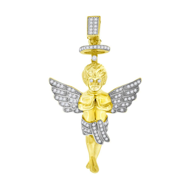 Yellow-tone Sterling Silver Mens Round Cubic Zirconia CZ Praying Angel Hand Fashion Charm Pendant, Pendants, Silverine, Jawa Jewelers