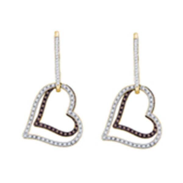 10kt Yellow Gold Womens Cognac-brown Color Enhanced Diamond Dangle Double Heart Earrings 1/2 Cttw