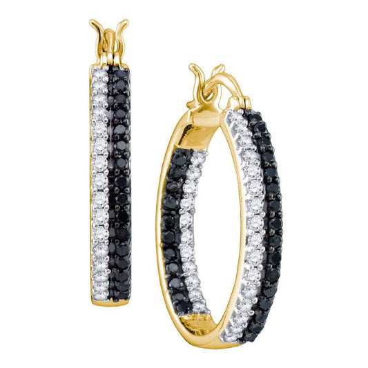 10kt Yellow Gold Womens Round Black Color Enhanced Diamond Inside-Outside Hoop Earrings 7/8 Cttw