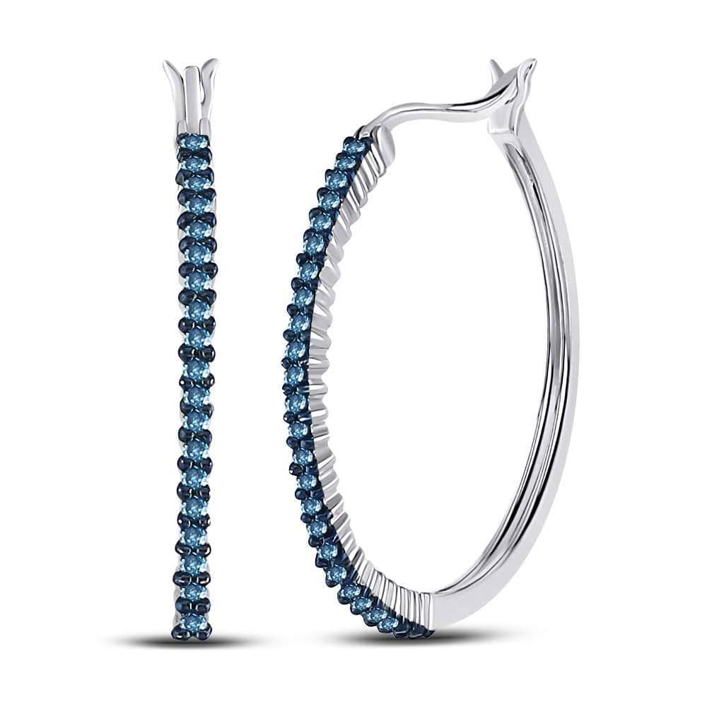 10kt White Gold Womens Round Blue Color Enhanced Diamond Hoop Earrings 1/4 Cttw