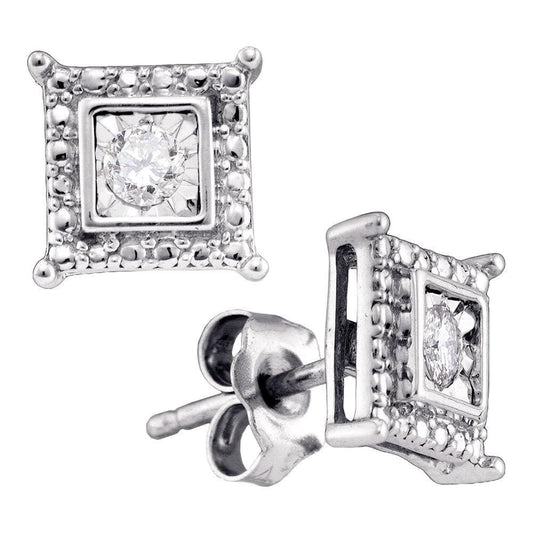 Sterling Silver Womens Round Diamond Solitaire Square Stud Earrings 1/20 Cttw