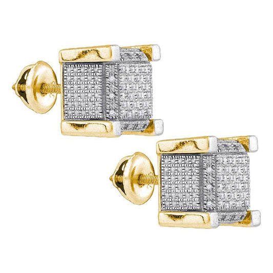 Yellow-tone Sterling Silver Mens Round Diamond 3D Square Cluster Stud Earrings 1/5 Cttw