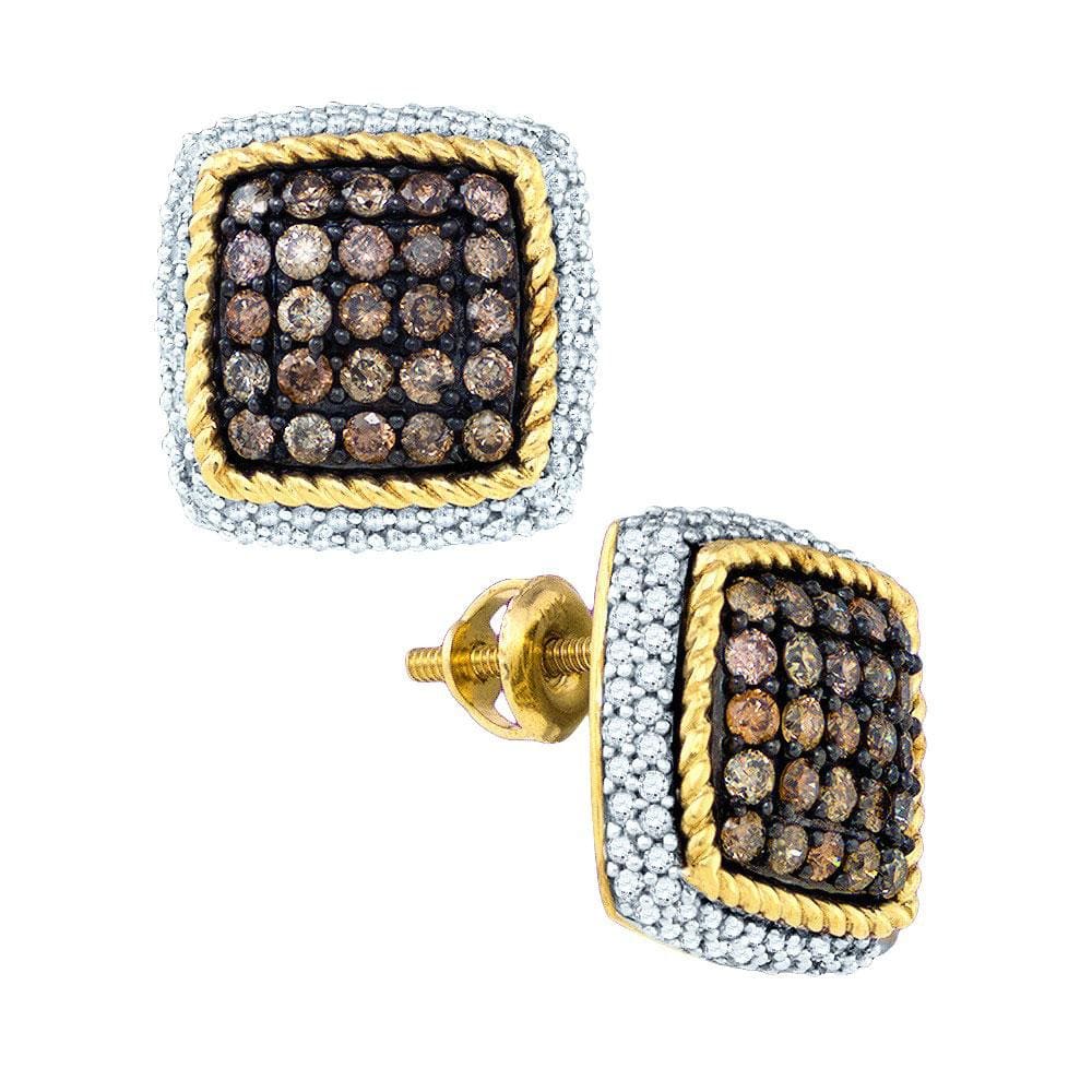 10kt Yellow Gold Womens Round Cognac-brown Color Enhanced Diamond Square Rope Frame Earrings 1-1/4 Cttw