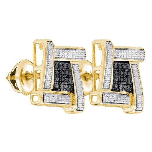 Yellow-tone Sterling Silver Mens Round Black Color Enhanced Diamond Square Cluster Earrings .03 Cttw