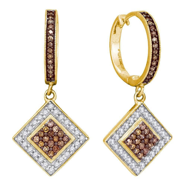 10kt Yellow Gold Womens Round Cognac-brown Color Enhanced Diamond Diagonal Square Dangle Earrings 1/2 Cttw