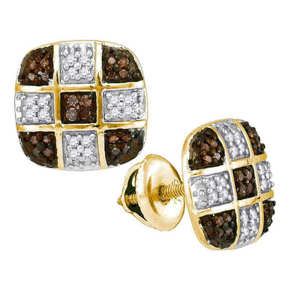 10kt Yellow Gold Womens Round Cognac-brown Color Enhanced Diamond Checkered Square Earrings 1/4 Cttw