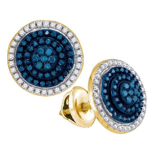 10kt Yellow Gold Womens Round Blue Color Enhanced Diamond Concentric Cluster Earrings 1/2 Cttw