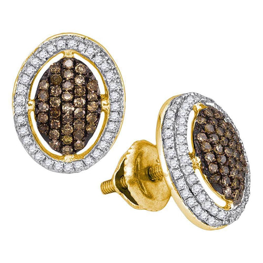 10kt Yellow Gold Womens Round Cognac-brown Color Enhanced Diamond Oval Cluster Earrings 1/2 Cttw