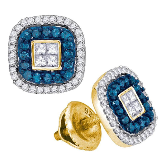 10kt Yellow Gold Womens Round Blue Color Enhanced Diamond Square Frame Cluster Earrings 1/2 Cttw